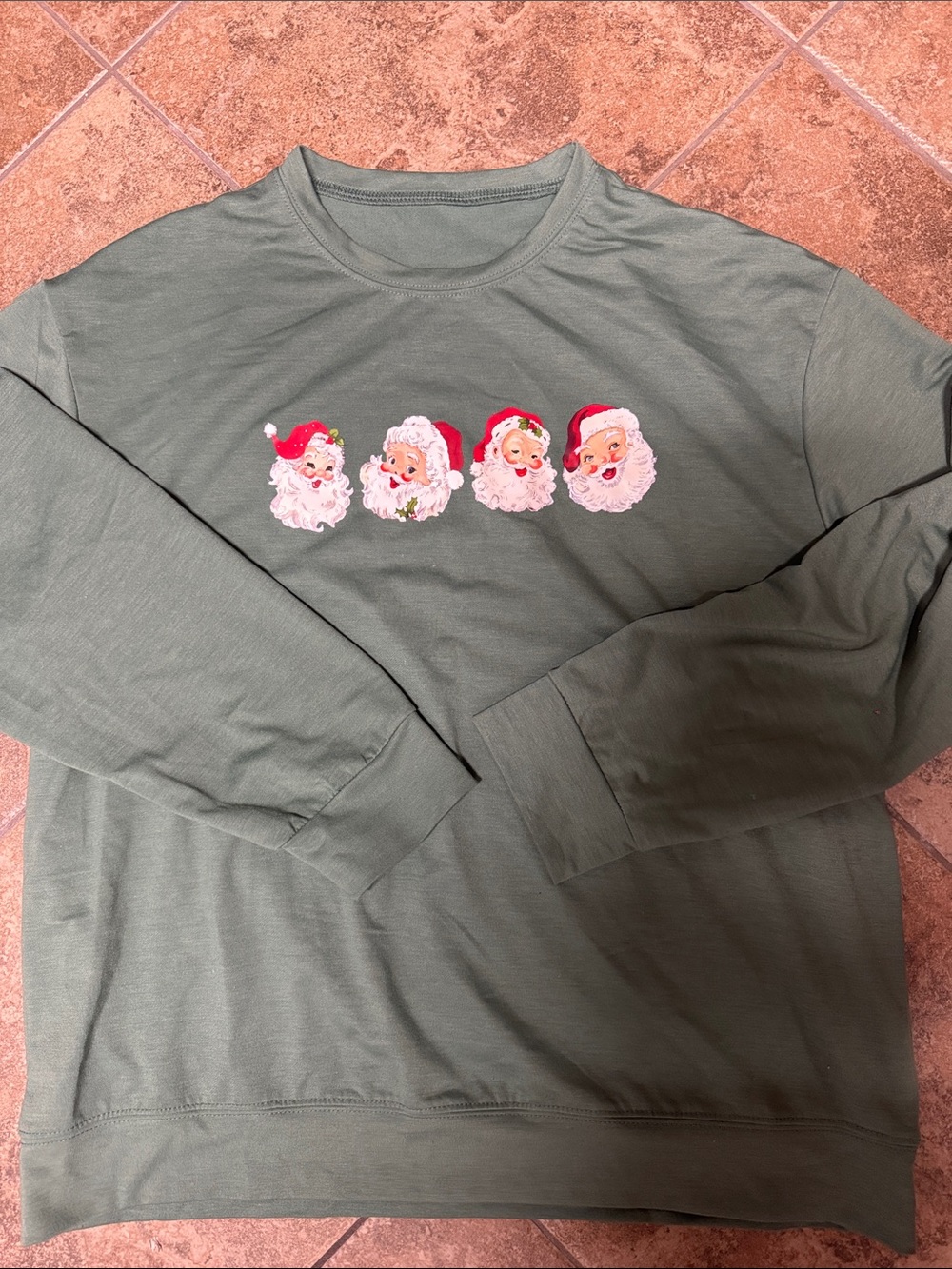 Green Long Sleeve Sweatshirt with Vintage Santa Faces